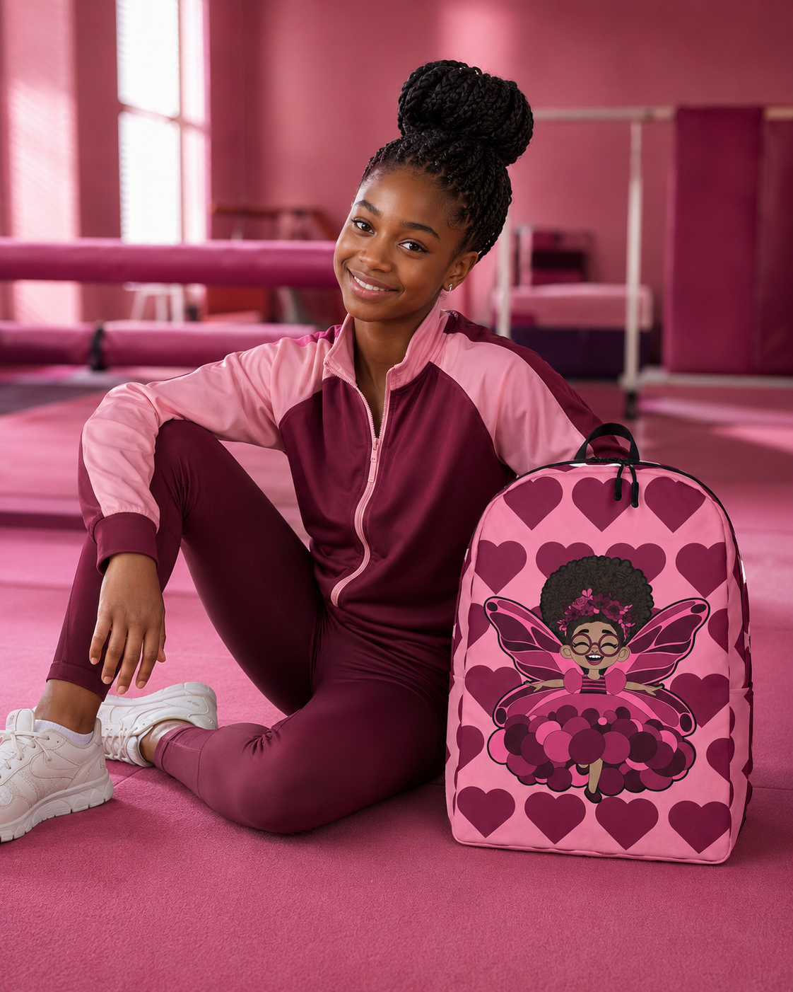 Coco Pixies Delightful Daisy backpack featuring a Black girl pixie and Berry Pink Signature Heart Pattern