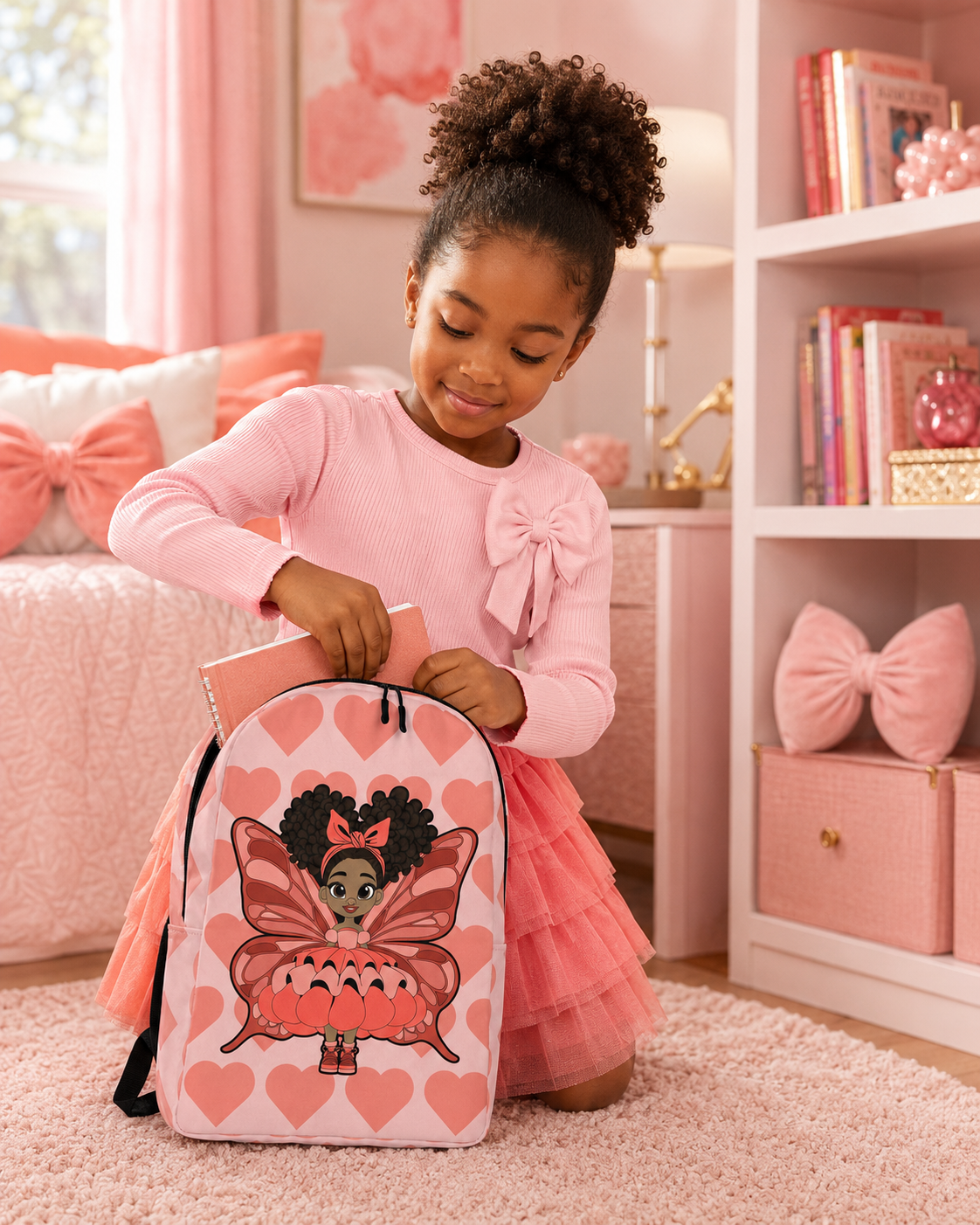 Coco Pixies Lovely Layla children’s backpack featuring a Black girl pixie and Coral Signature Heart Pattern