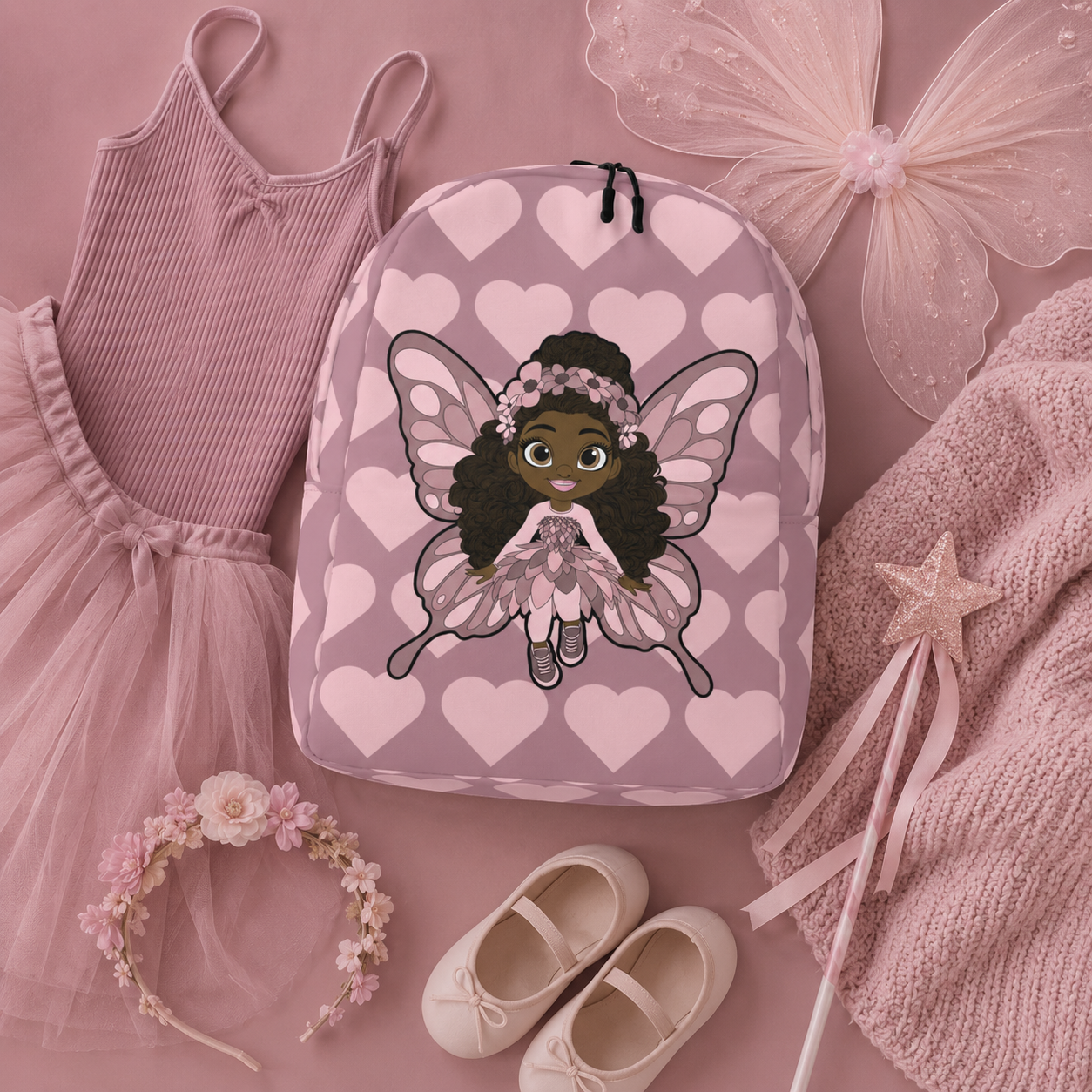 Coco Pixies Penelope Pixie Backpack featuring textured curls, pink wings and blush hearts on dusty rose
