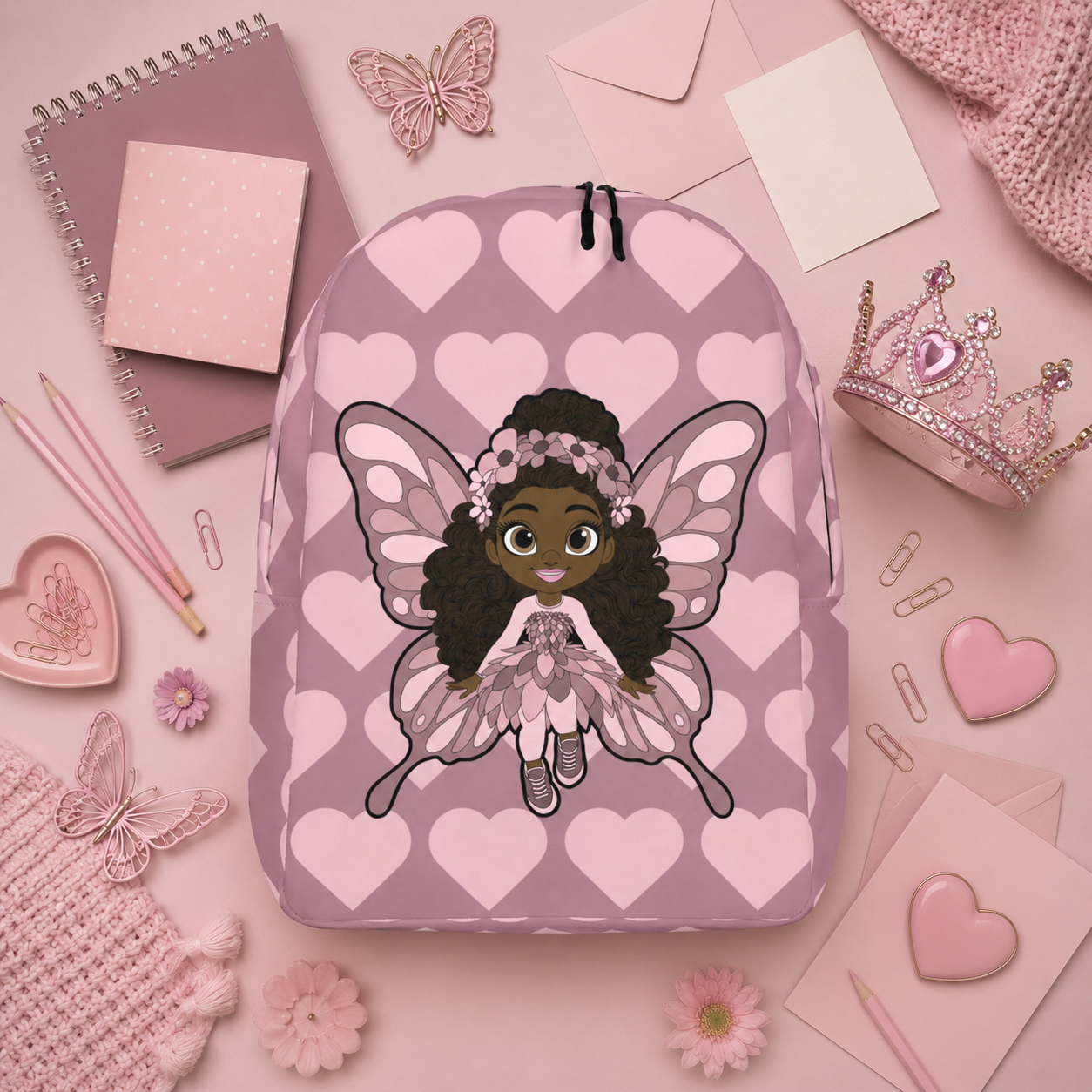 Coco Pixies Penelope Pixie Backpack featuring textured curls, pink wings and blush hearts on dusty rose