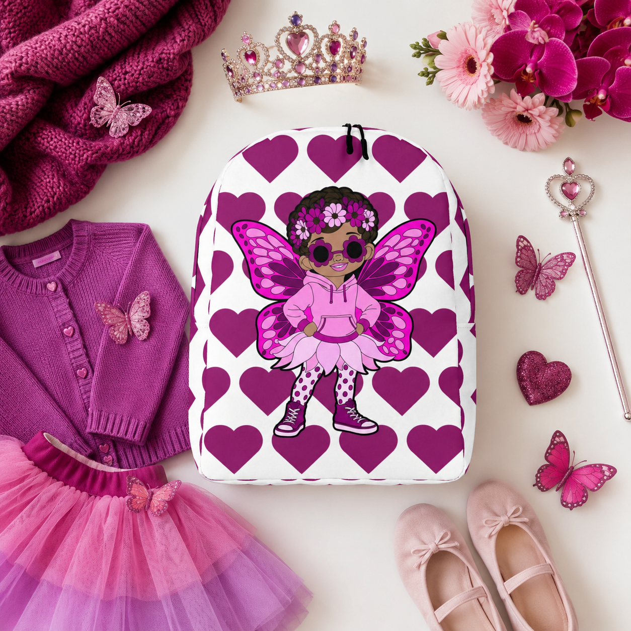 Coco Pixies Teonna Twinklepuff backpack featuring a Black girl pixie with curly puffs, a floral crown and magenta hearts.