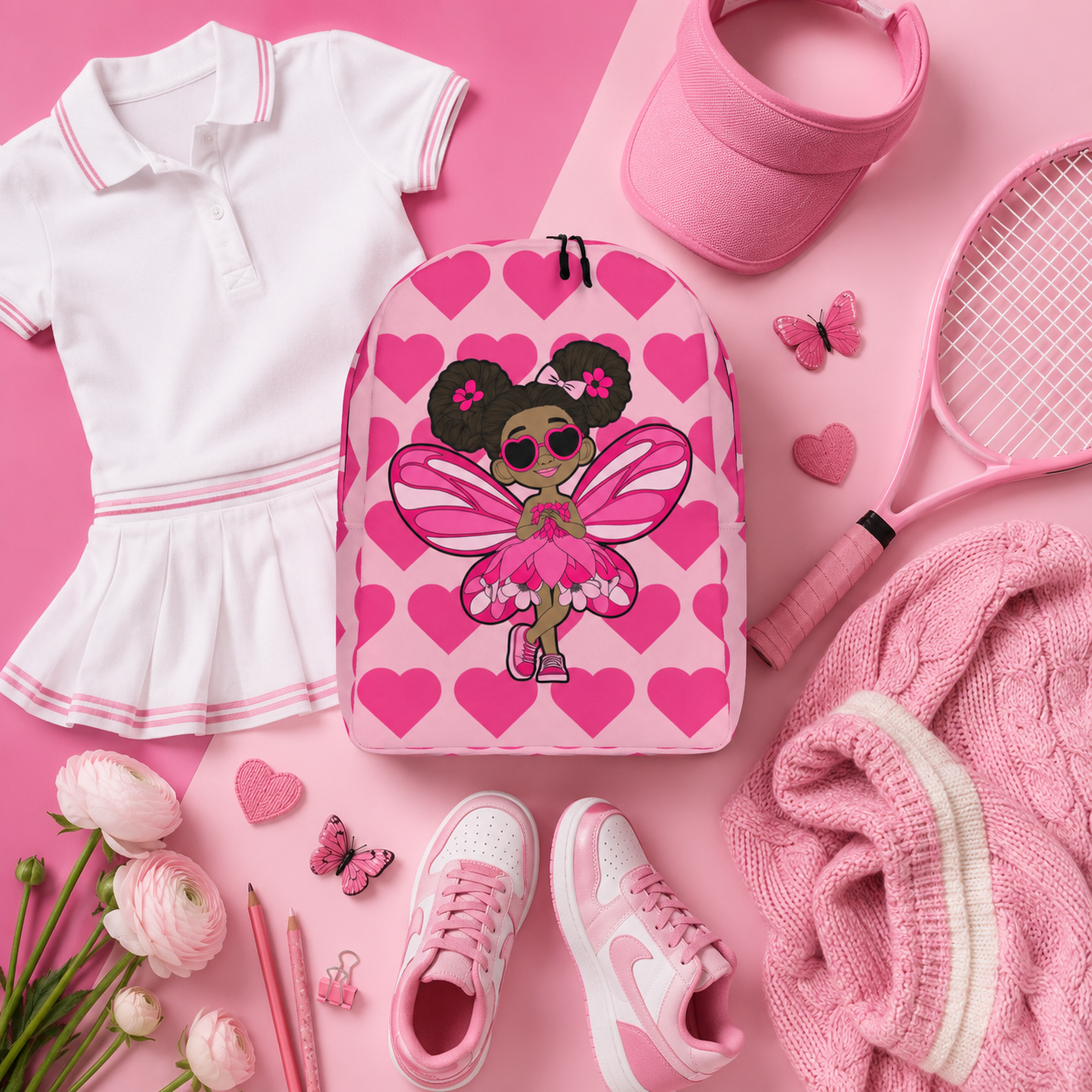 Coco Pixies Glitzy Gracelynn backpack featuring a Black pixie and bubblegum pink signature heart pattern