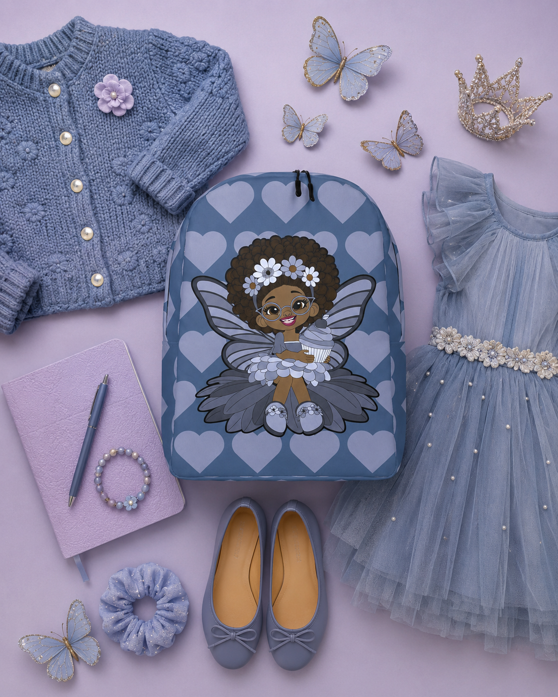 Bubbly Brooke Pixie Backpack by Coco Pixies in cool blue with Black girl pixie and signature heart pattern