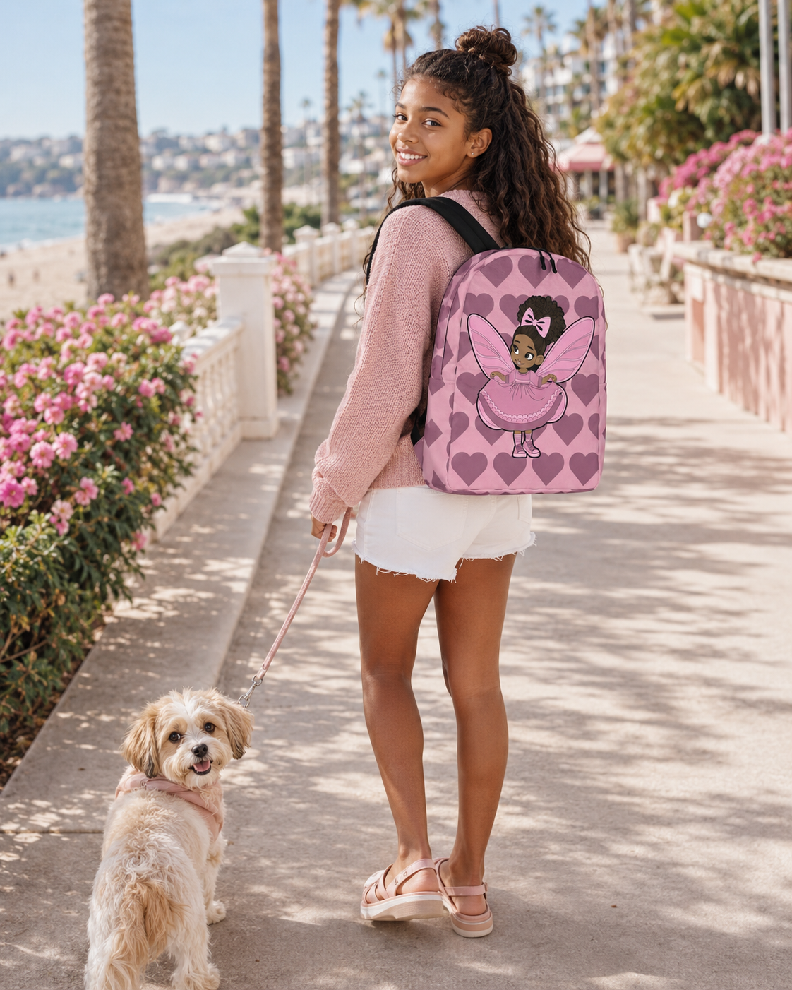Coco Pixies Darling Daphne backpack with a curly afro puff character, pink wings and mauve hearts.