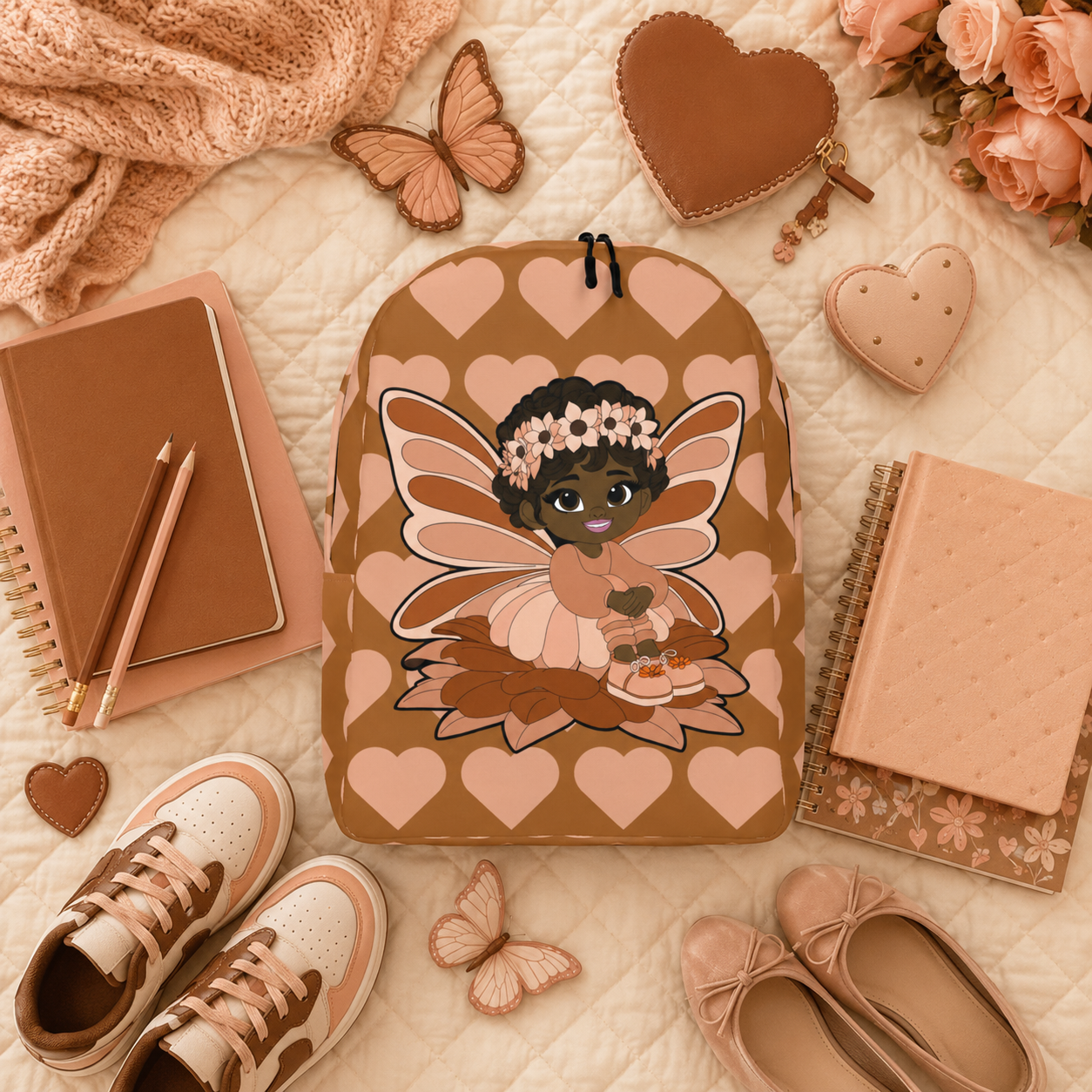 Coco Pixies Sweet Sienna school backpack featuring a Black pixie, floral crown, wings, and mocha heart pattern