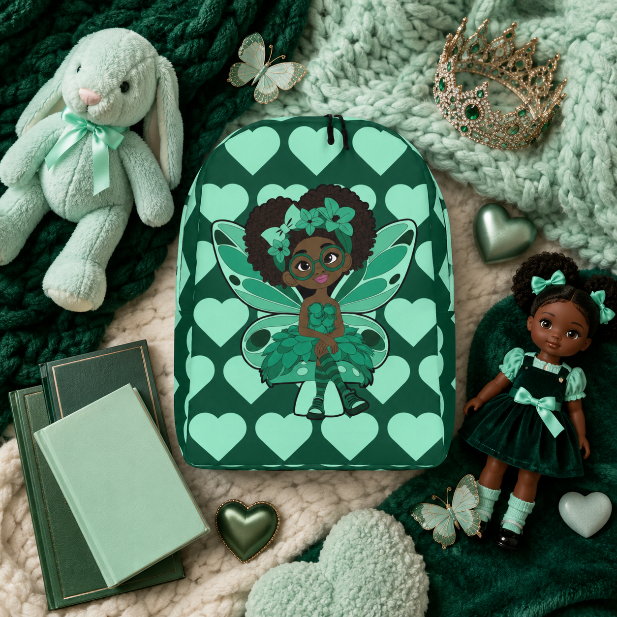 Brilliant Bailey Pixie Backpack by Coco Pixies featuring a Black girl pixie with a curly afro, green wings and mint hearts on emerald green.