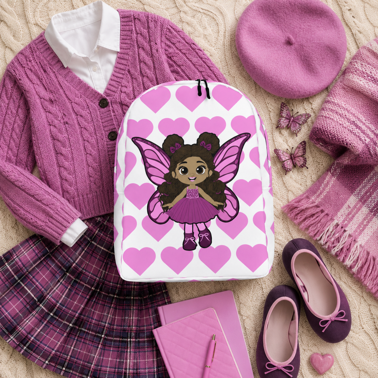 Coco Pixies Fiona Flutter character backpack featuring curly puff buns, pink wings, and heart print