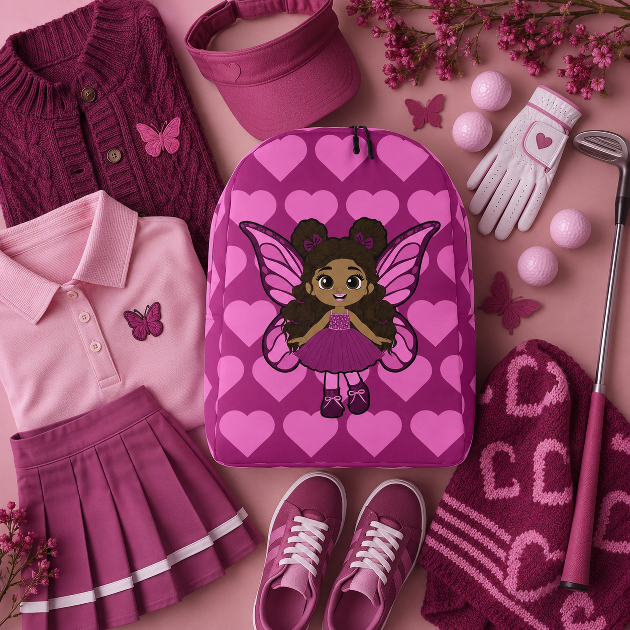 Coco Pixies Fiona Flutter magenta backpack featuring a Black girl pixie with curly hair and pink wings