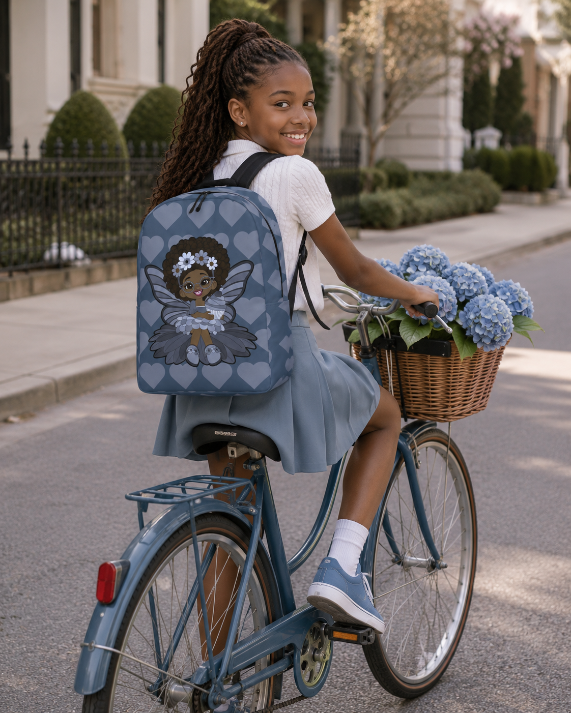 Bubbly Brooke Pixie Backpack by Coco Pixies in cool blue with Black girl pixie and signature heart pattern