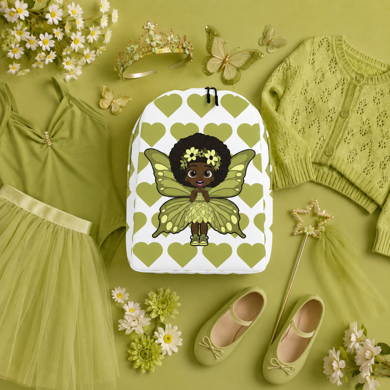Cheerful Charlotte Pixie backpack featuring a Black girl pixie with green wings on the Coco Pixies signature heart pattern.