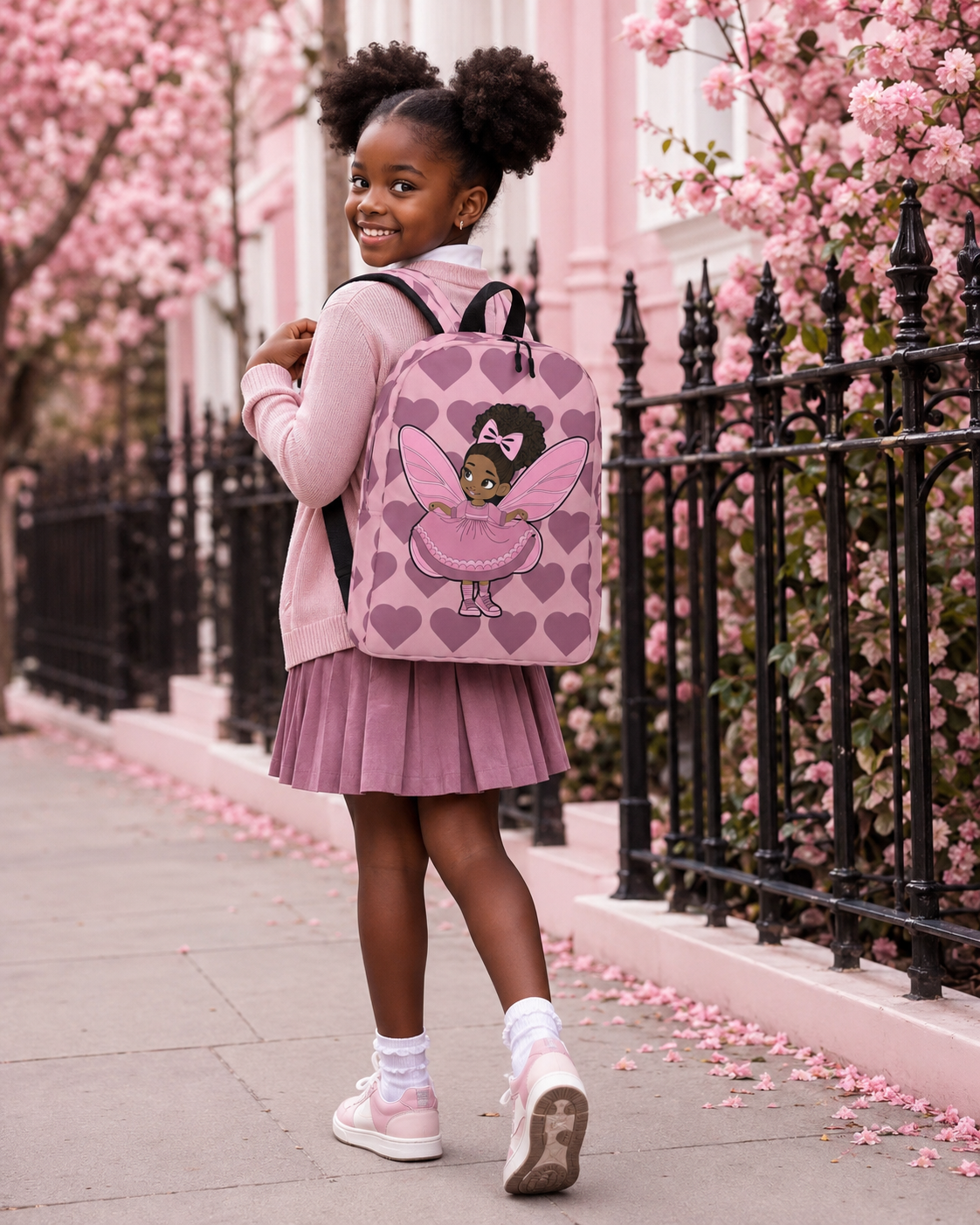 Coco Pixies Darling Daphne backpack with a curly afro puff character, pink wings and mauve hearts.