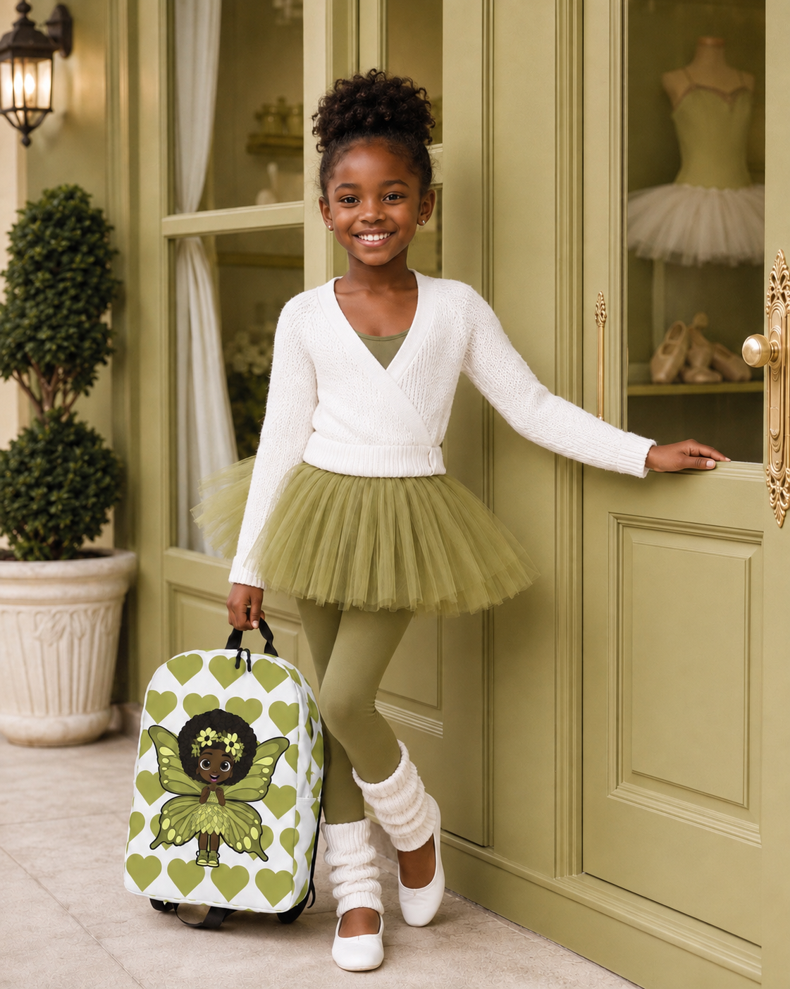 Cheerful Charlotte Pixie backpack featuring a Black girl pixie with green wings on the Coco Pixies signature heart pattern.