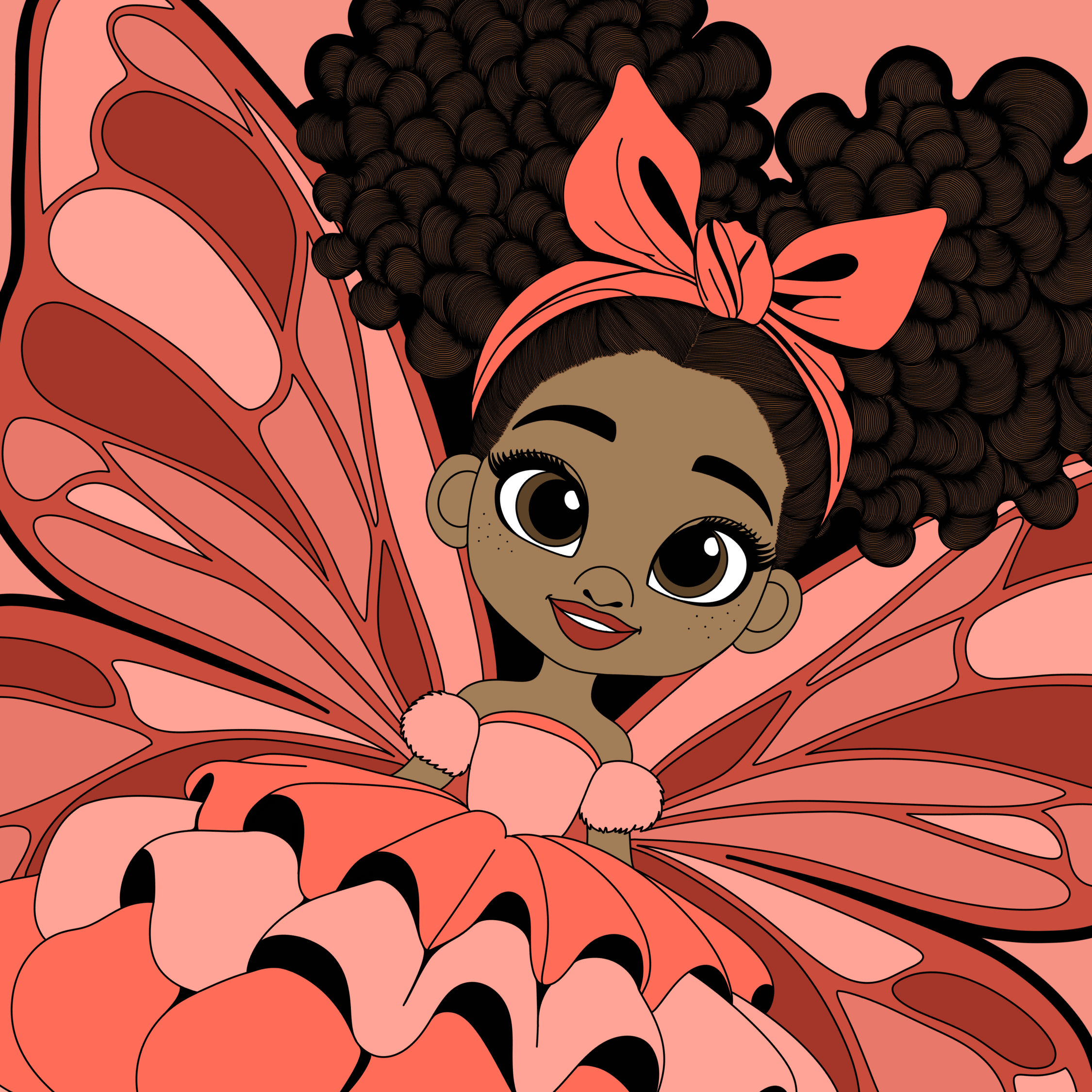 Lovely Layla, an original hand-drawn Black girl pixie with warm brown skin, freckles, two large afro puffs, a coral bow, coral and blush butterfly wings, a layered dress and matching high top sneakers.