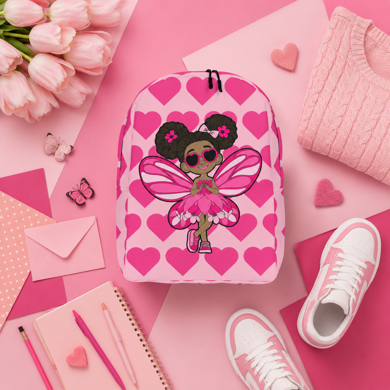 Coco Pixies Glitzy Gracelynn backpack featuring a Black pixie and bubblegum pink signature heart pattern