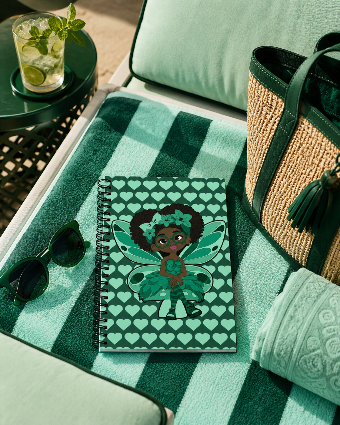 Coco Pixies Brilliant Bailey spiral notebook with emerald green heart pattern and Black pixie artwork styled on a striped poolside lounge chair.