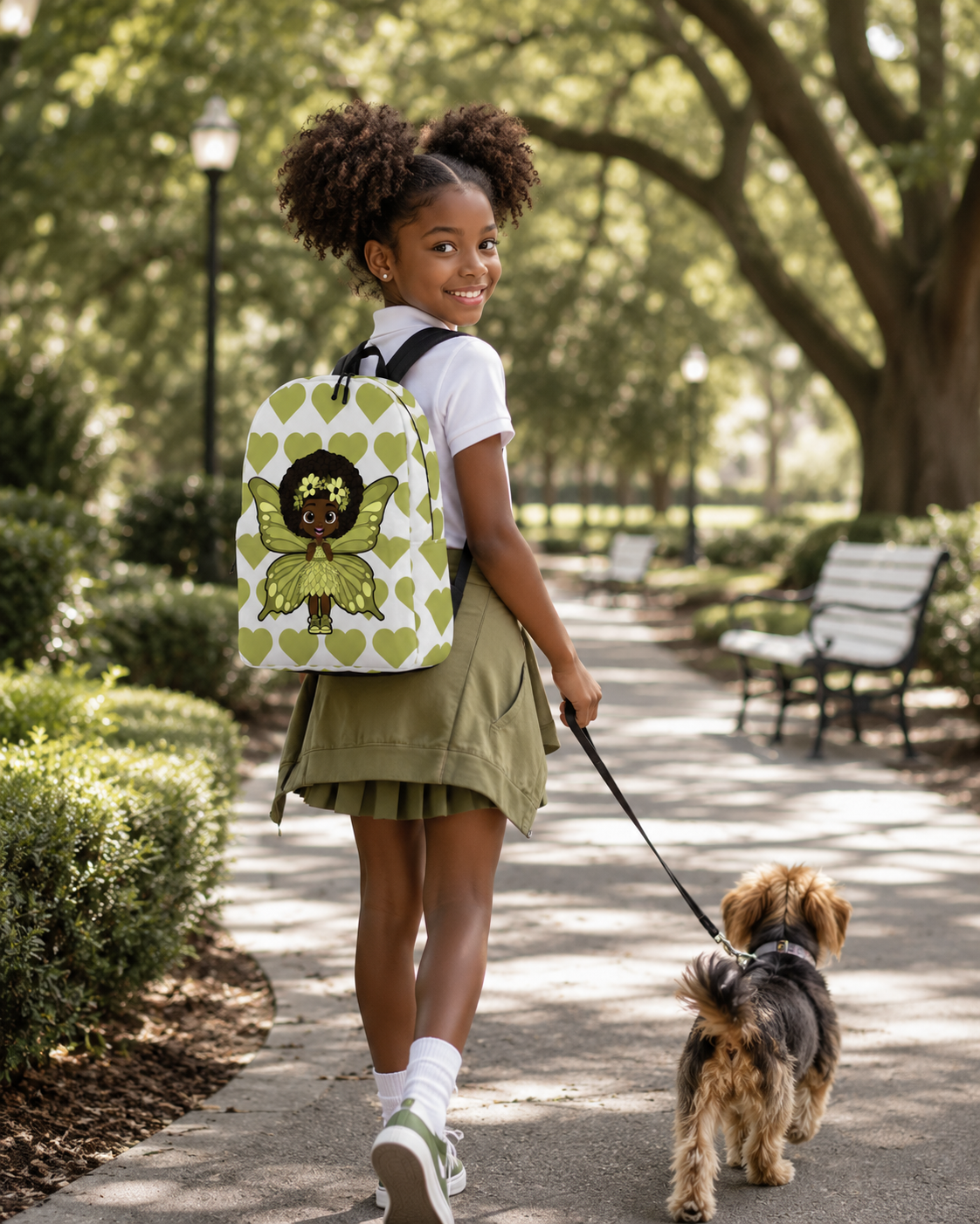 Cheerful Charlotte Pixie backpack featuring a Black girl pixie with green wings on the Coco Pixies signature heart pattern.