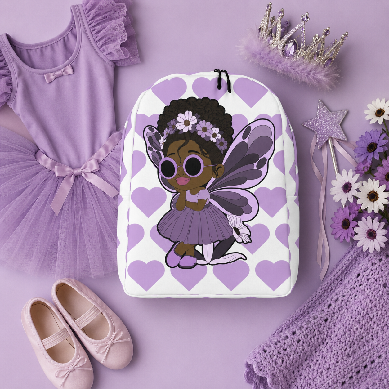 Coco Pixies Marvelous Mia girls backpack featuring a Black pixie with an afro puff, floral crown and purple butterfly wings