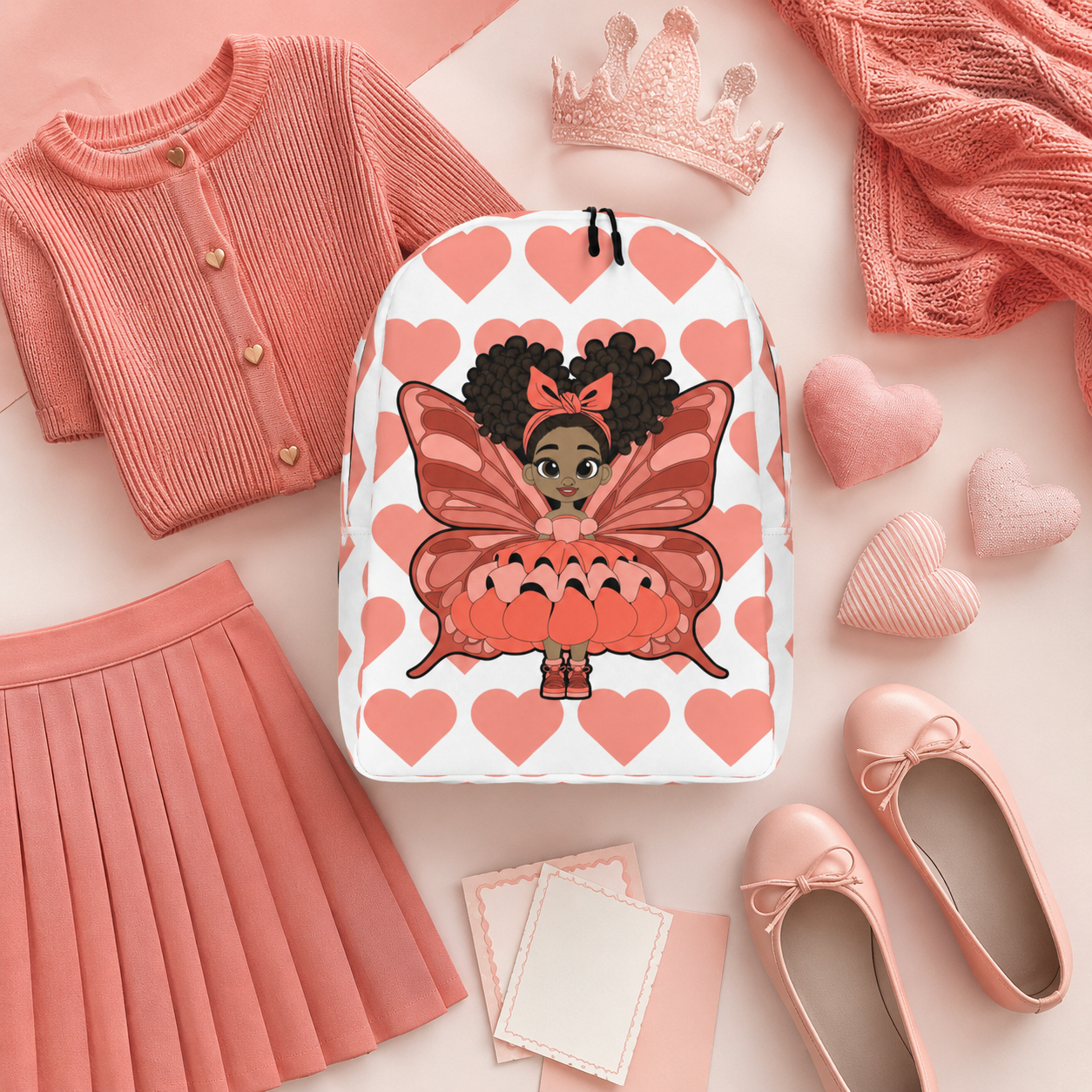 Coco Pixies Lovely Layla children’s backpack featuring a Black girl pixie and coral Signature Heart Pattern