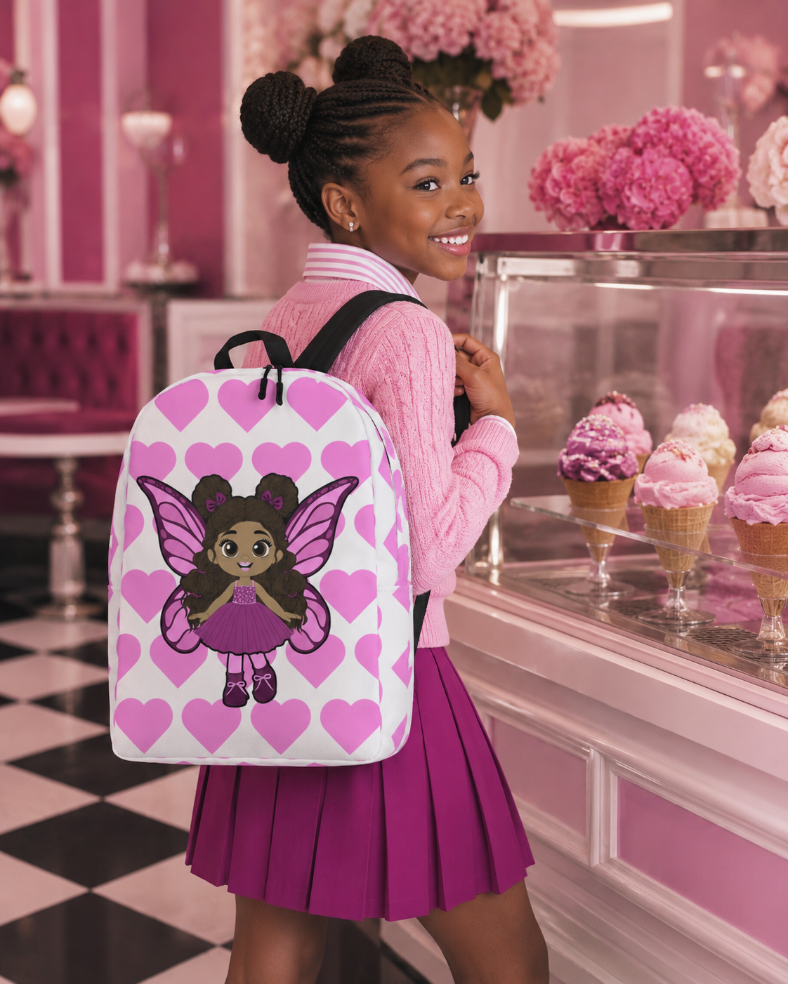 Coco Pixies Fiona Flutter character backpack featuring curly puff buns, pink wings, and heart print