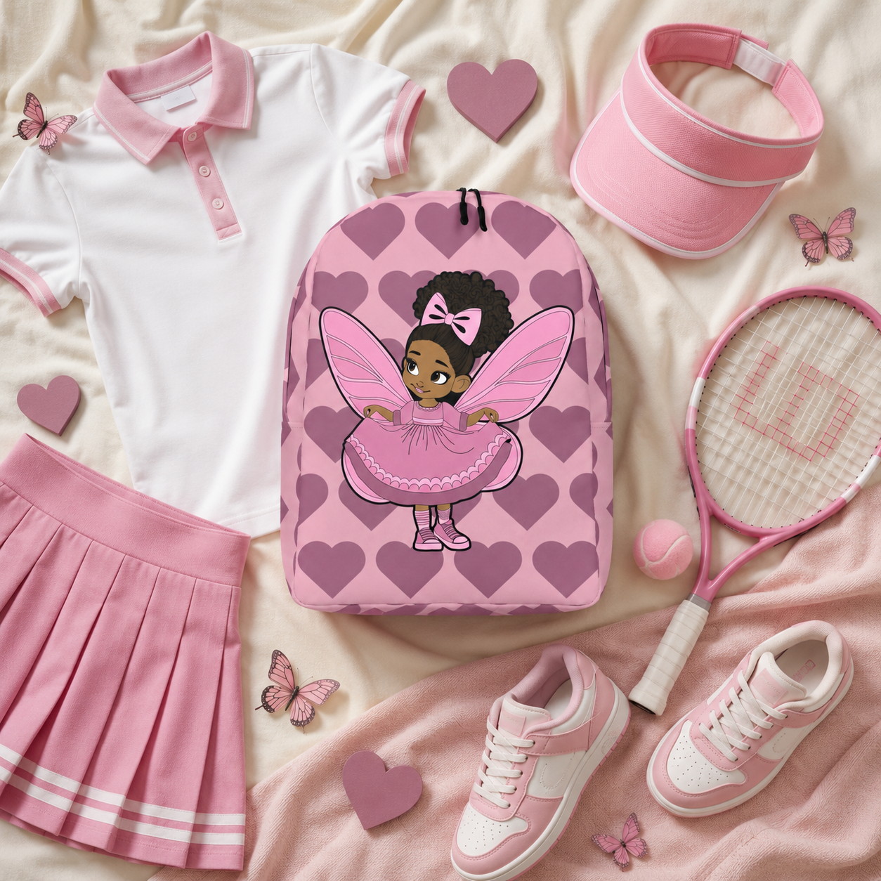 Coco Pixies Darling Daphne backpack with a curly afro puff character, pink wings and mauve hearts.