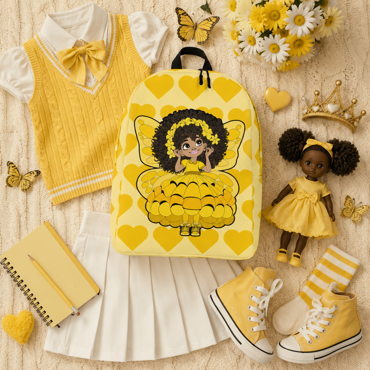 Blissful Brandie Pixie Backpack by Coco Pixies with golden yellow hearts, curly-haired Black girl pixie and yellow wings