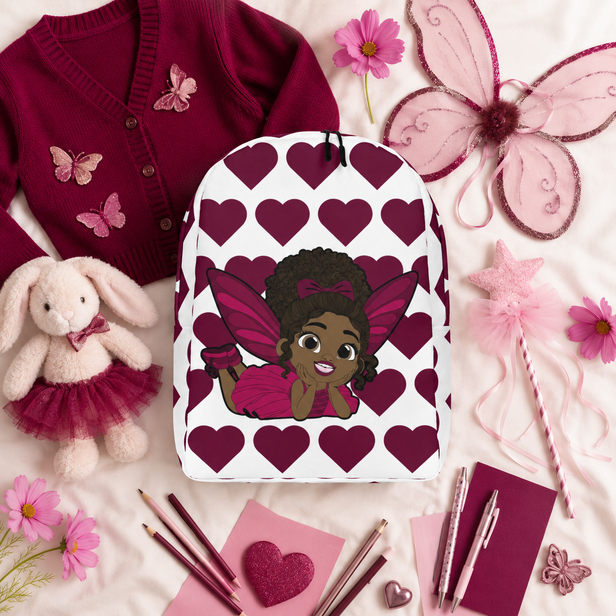 Coco Pixies Happy Harper backpack featuring a Black girl pixie with curly hair, pink wings, and burgundy hearts