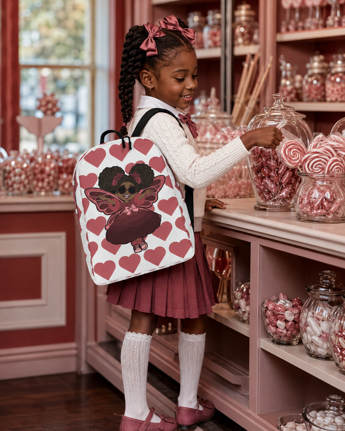 Coco Pixies Radiant Ruby character backpack featuring afro puffs, sunglasses and signature heart print