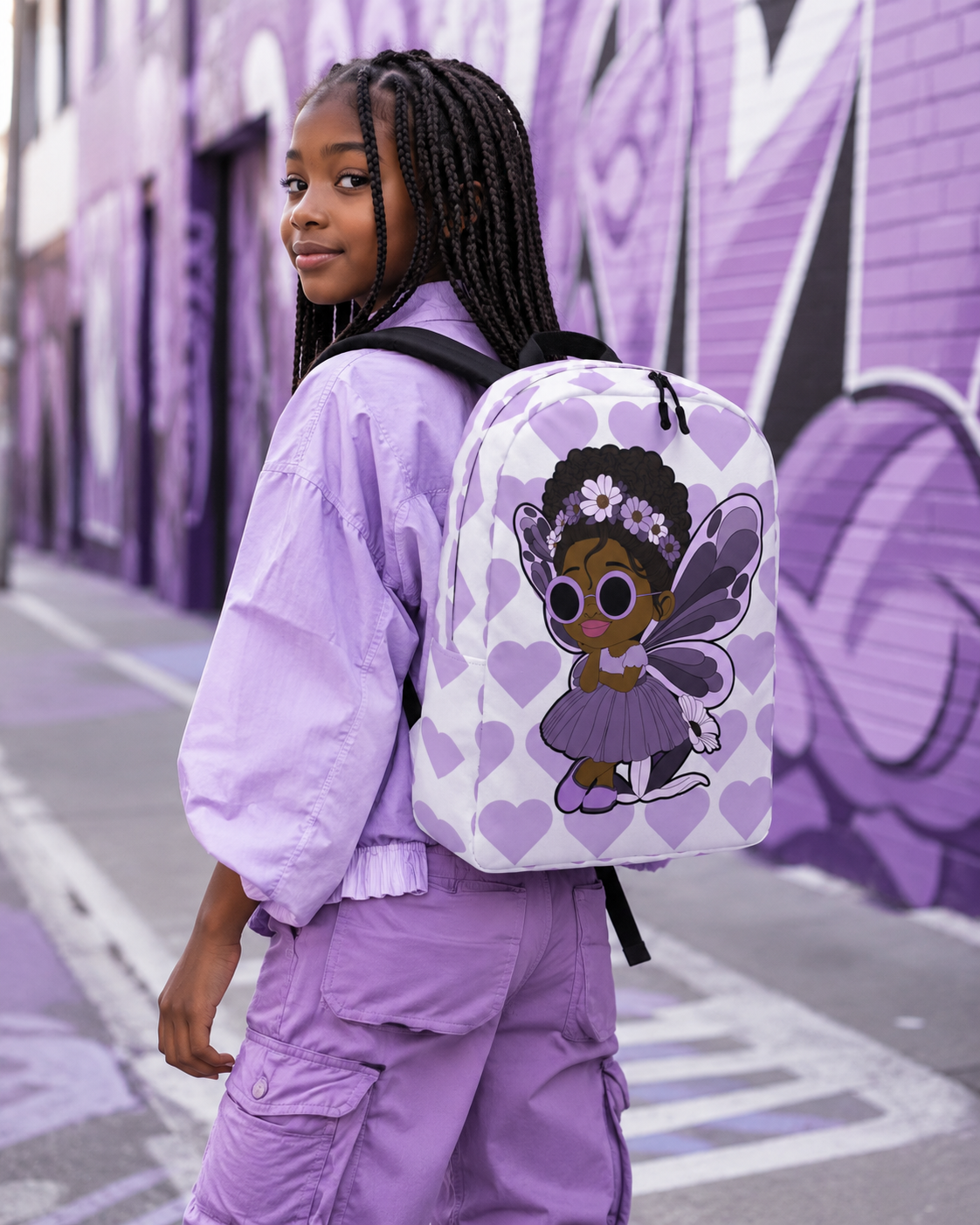Coco Pixies Marvelous Mia girls backpack featuring a Black pixie with an afro puff, floral crown and purple butterfly wings