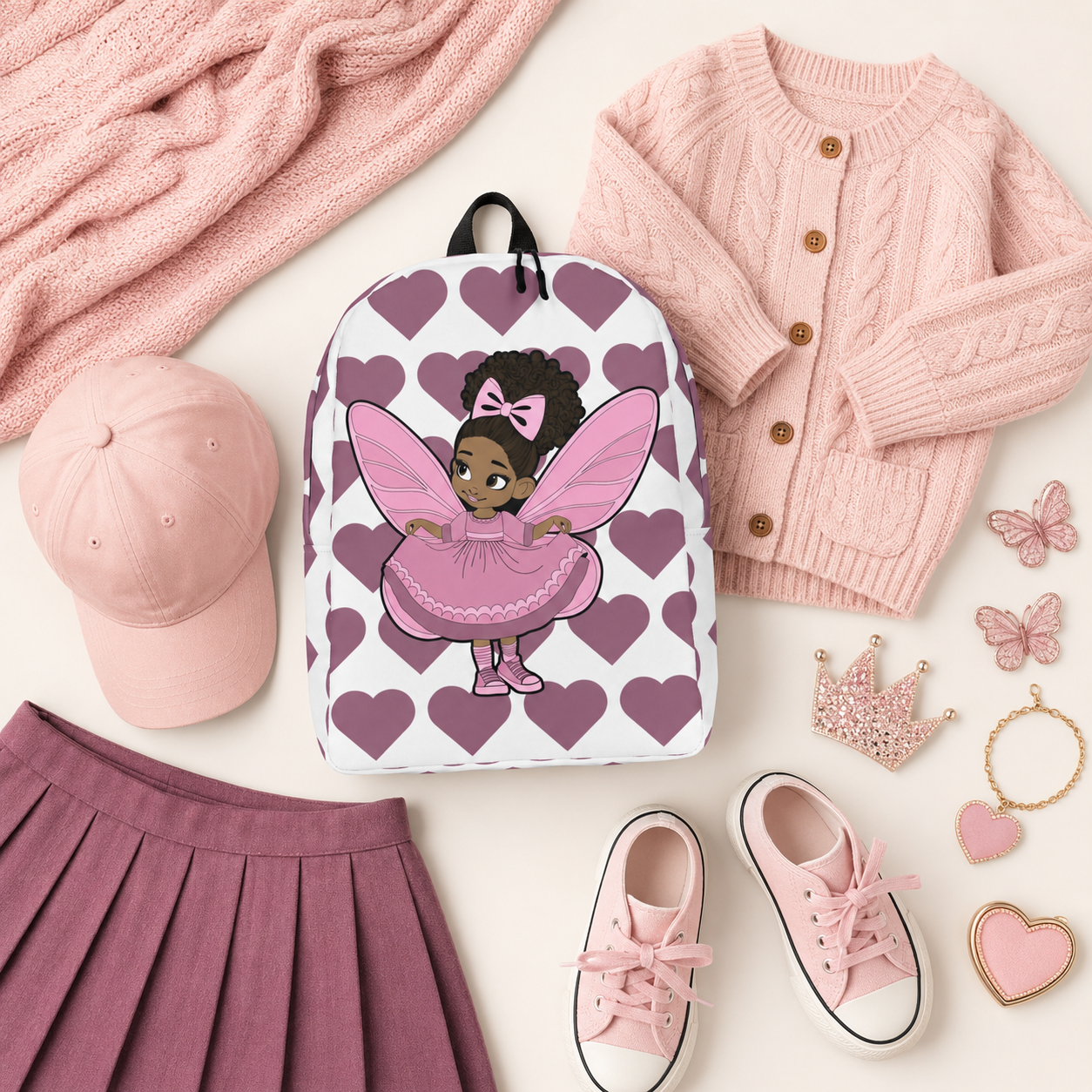 Darling Daphne Pixie Backpack by Coco Pixies with a pink pixie, curly afro puff and mauve heart pattern.