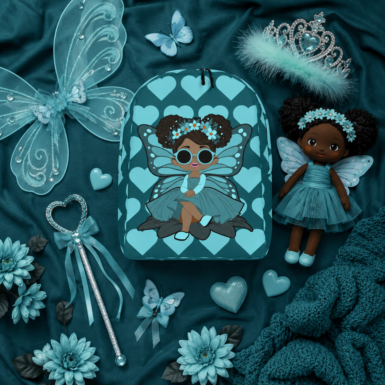 Coco Pixies Sassy Sammy backpack featuring a Black pixie character and deep teal signature heart pattern