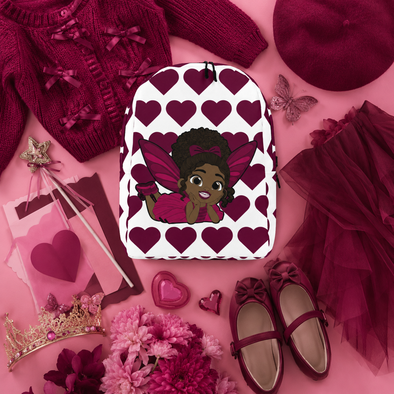 Coco Pixies Happy Harper backpack featuring a Black girl pixie with curly hair, pink wings, and burgundy hearts