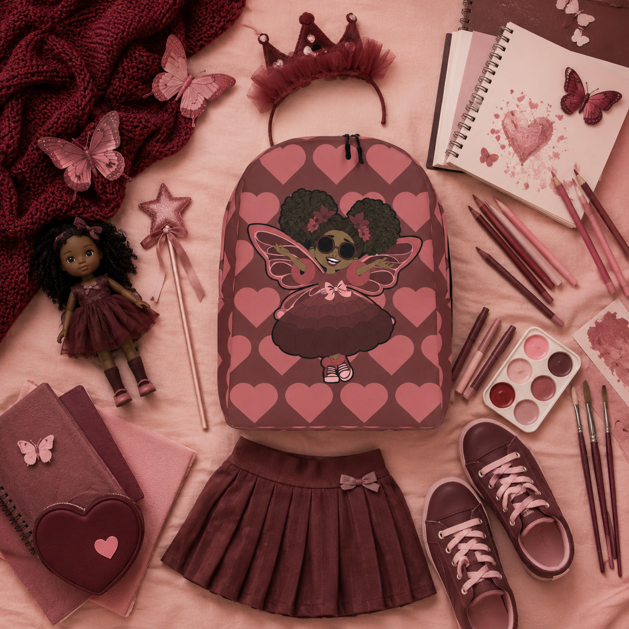 Coco Pixies Radiant Ruby backpack with curly afro puffs, sunglasses and burgundy signature heart print