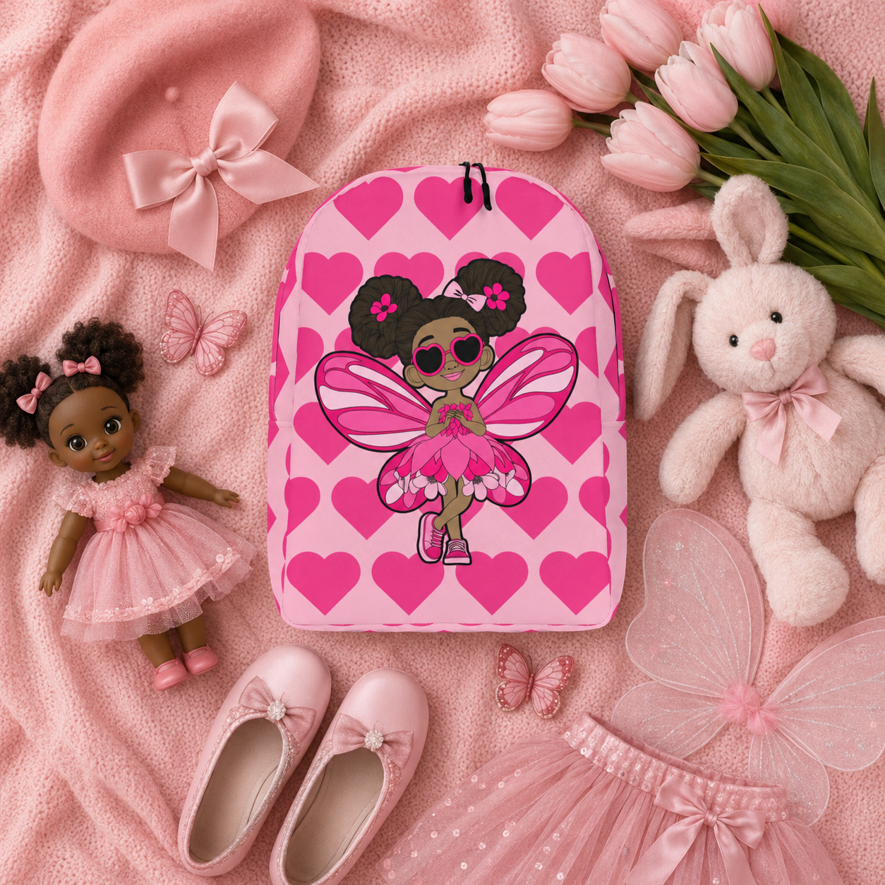 Coco Pixies Glitzy Gracelynn backpack featuring a Black pixie and bubblegum pink signature heart pattern