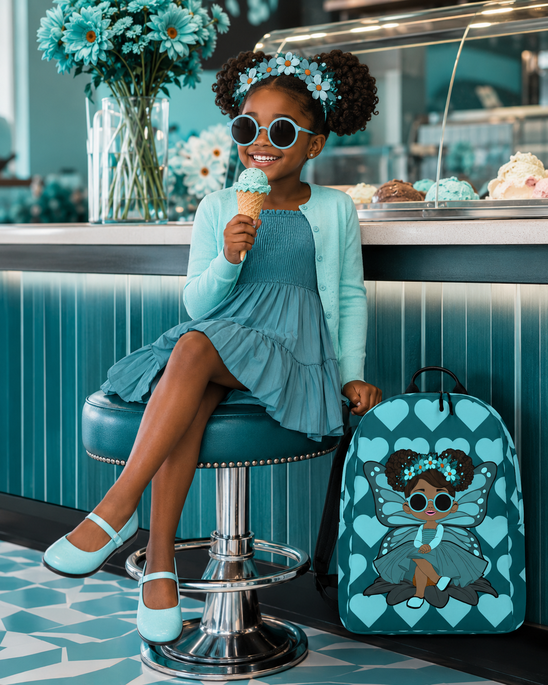 Coco Pixies Sassy Sammy backpack featuring a Black pixie character and deep teal signature heart pattern