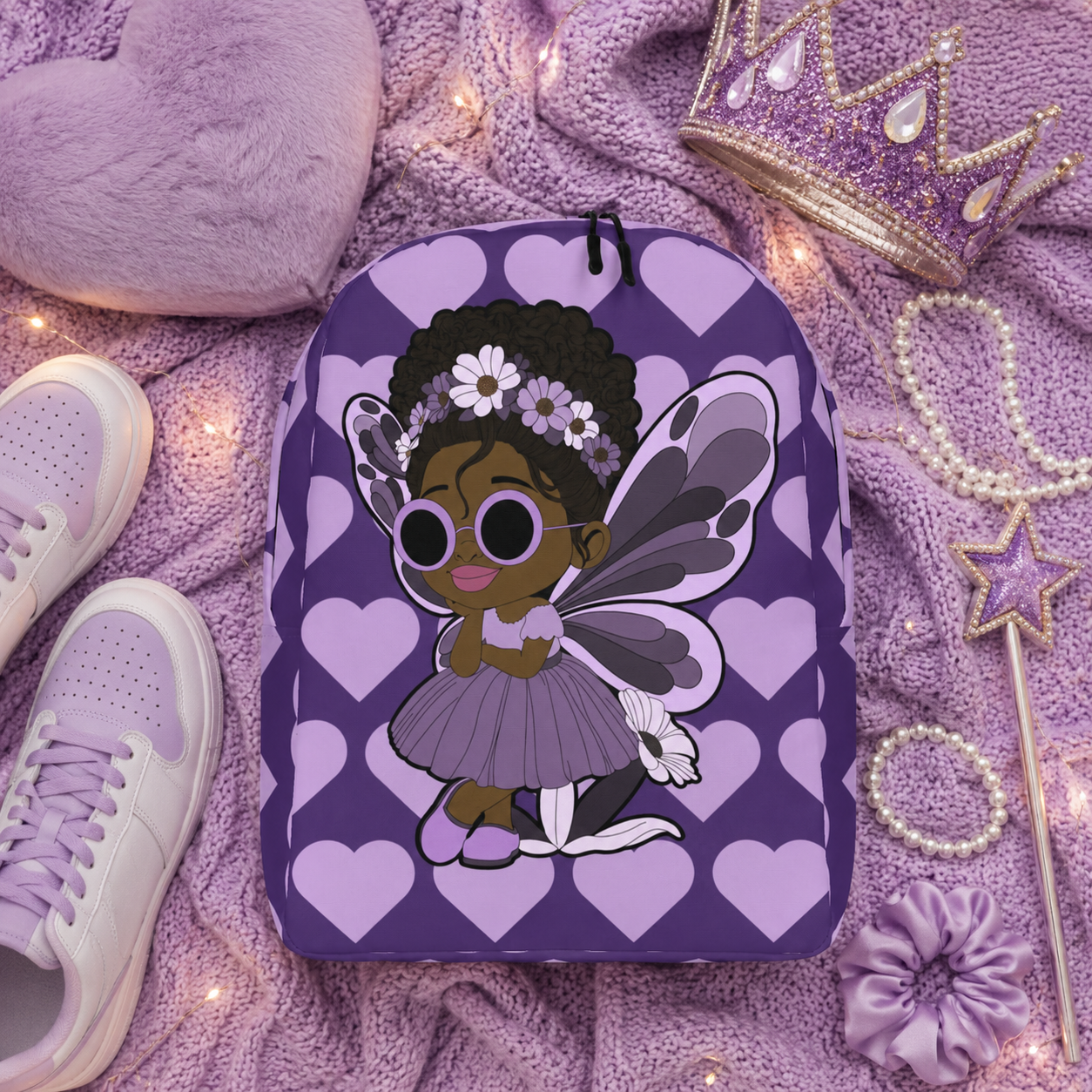 Coco Pixies Marvelous Mia purple backpack featuring a Black pixie with an afro puff, floral crown and lavender wings