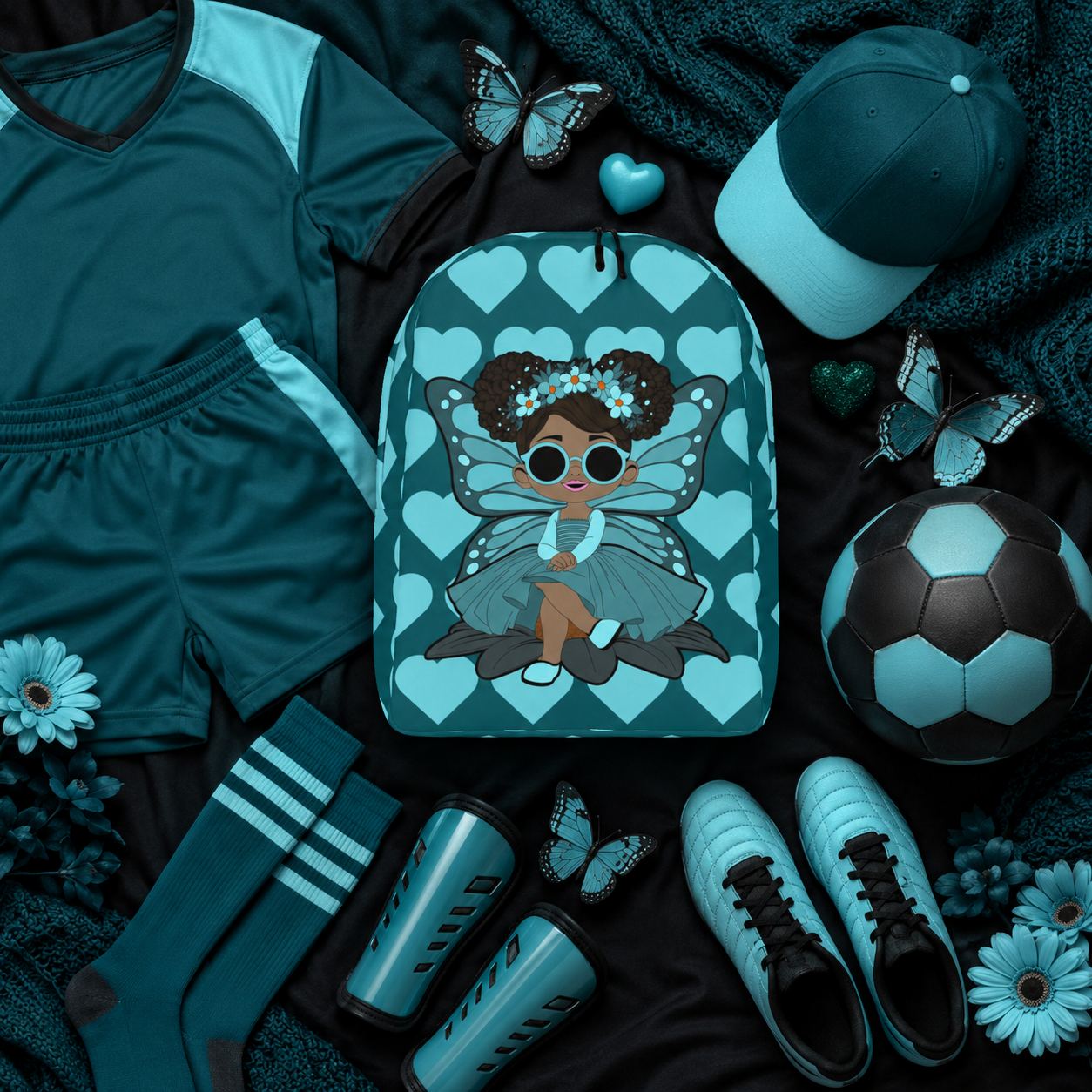 Coco Pixies Sassy Sammy backpack featuring a Black pixie character and deep teal signature heart pattern