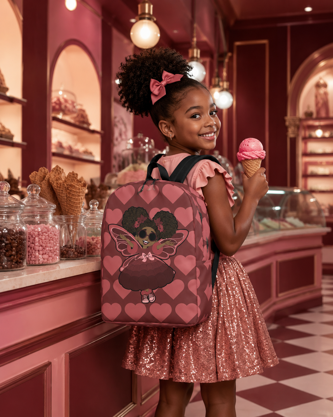 Coco Pixies Radiant Ruby backpack with curly afro puffs, sunglasses and burgundy signature heart print