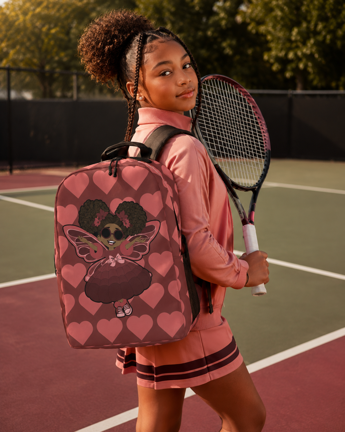 Coco Pixies Radiant Ruby backpack with curly afro puffs, sunglasses and burgundy signature heart print