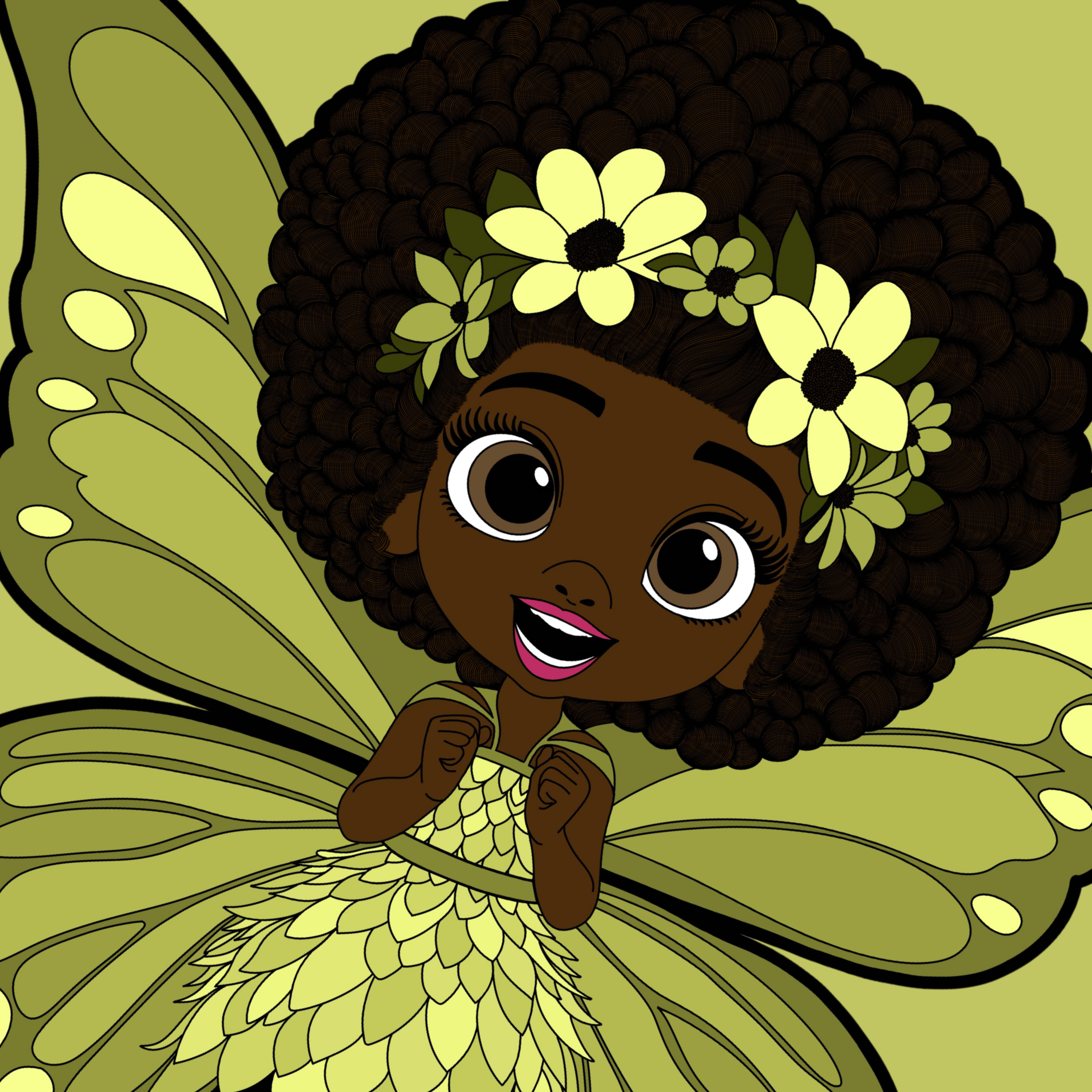 Cheerful Charlotte, an original hand-drawn Black girl pixie with deep-brown skin, a large curly afro, a yellow and green flower crown, chartreuse petal dress, olive green butterfly wings, and coordinating sneakers.