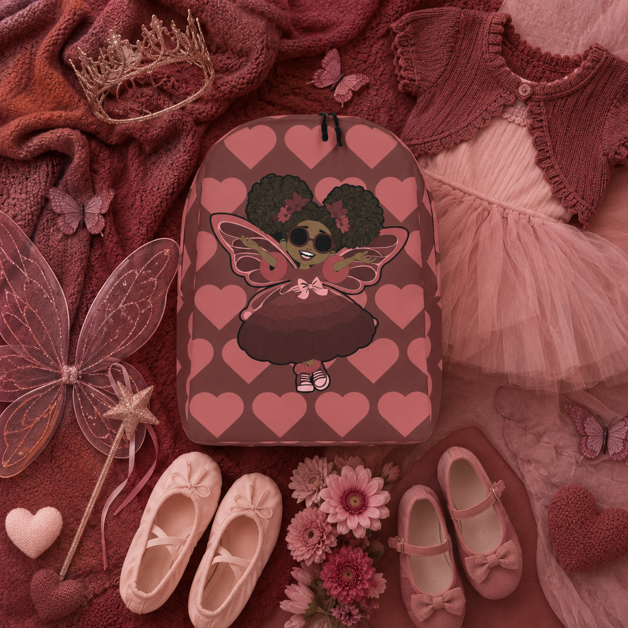 Coco Pixies Radiant Ruby backpack with curly afro puffs, sunglasses and burgundy signature heart print