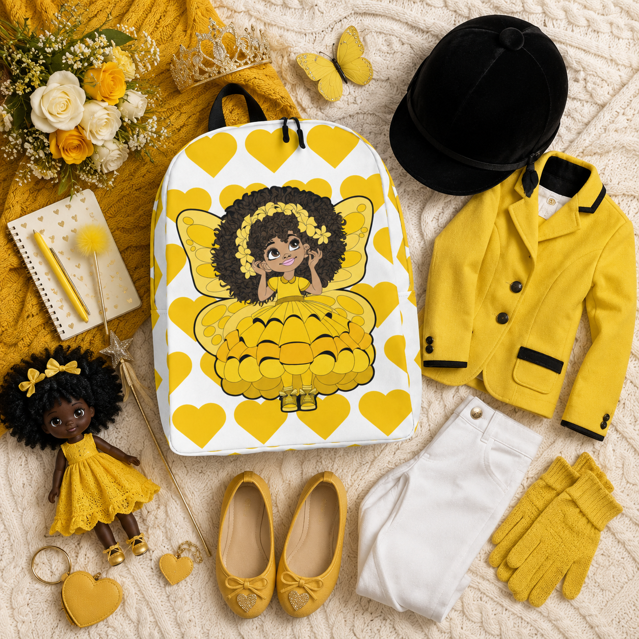 Blissful Brandie Pixie Backpack by Coco Pixies with a Black girl pixie, yellow wings and signature yellow heart pattern