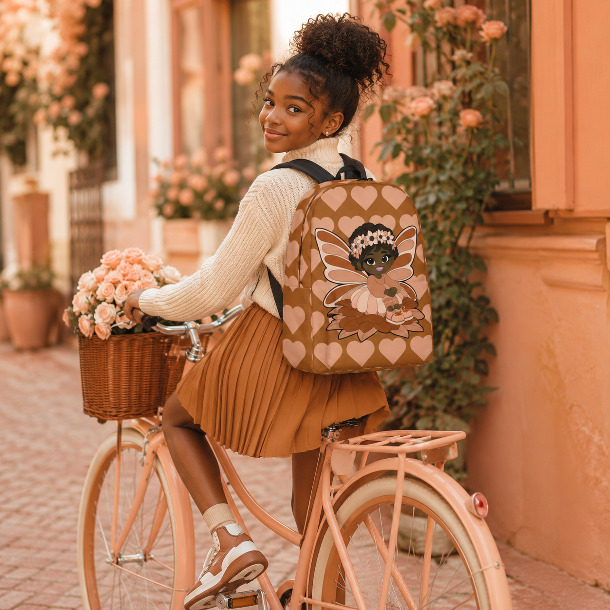 Coco Pixies Sweet Sienna school backpack featuring a Black pixie, floral crown, wings, and mocha heart pattern