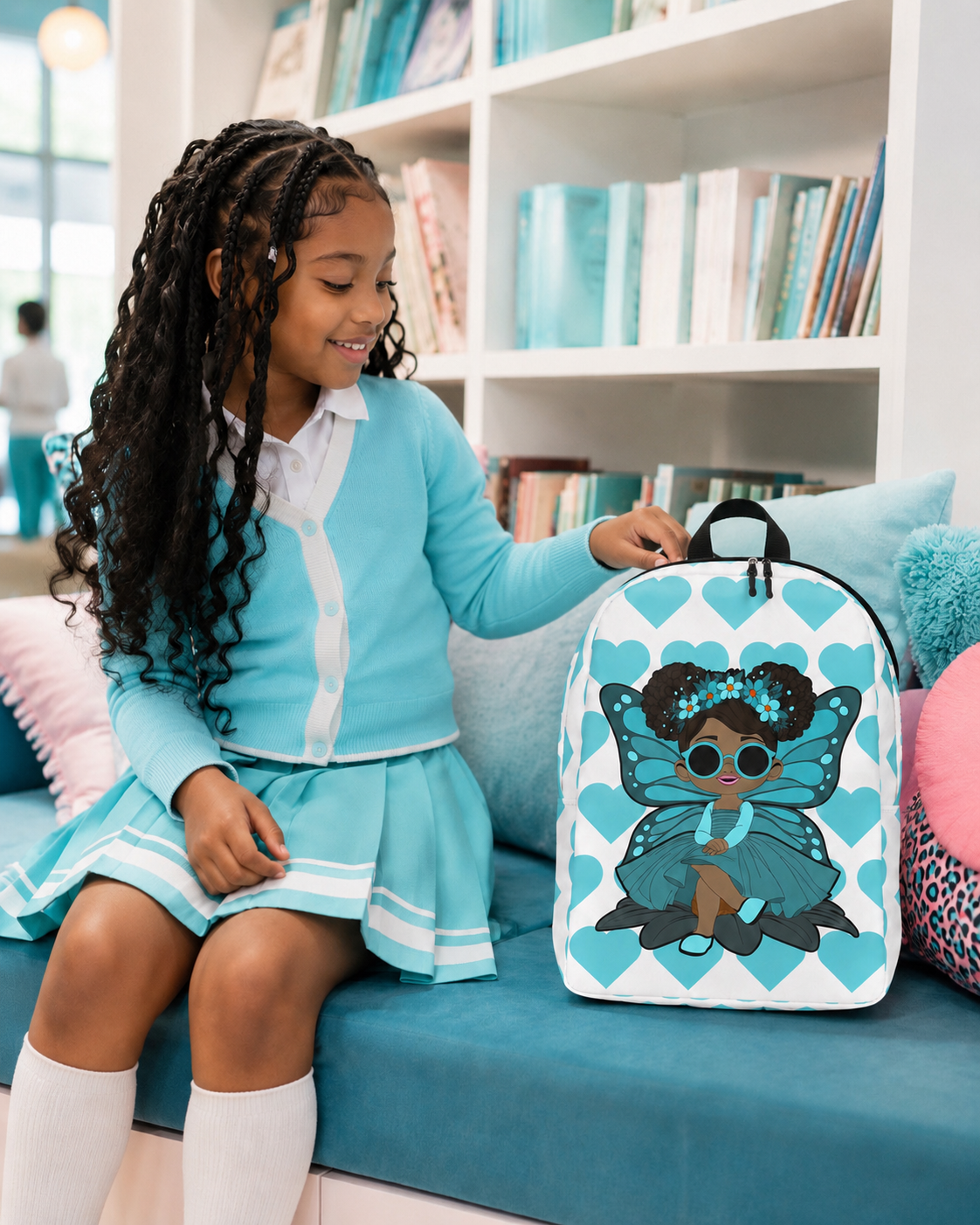 Coco Pixies Sassy Sammy backpack featuring a Black pixie character and aqua signature heart pattern
