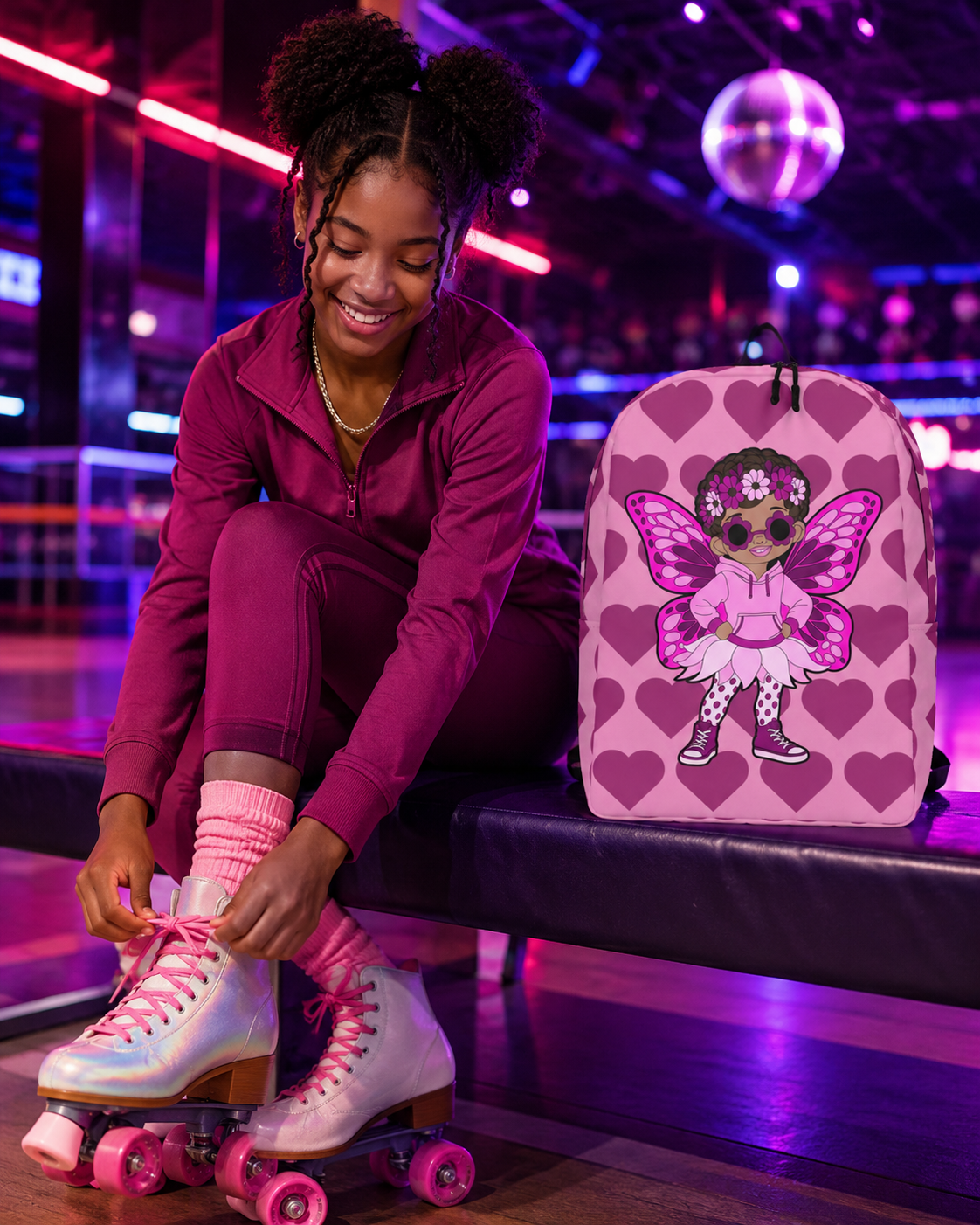 Coco Pixies Teonna Twinklepuff backpack featuring a Black girl pixie with curly puffs, pink wings and berry hearts.