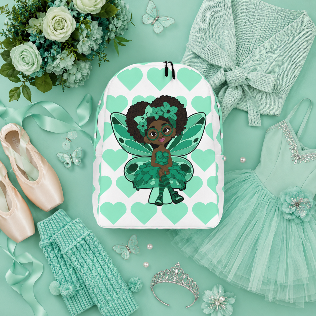 Brilliant Bailey Pixie Backpack by Coco Pixies featuring a Black girl pixie with a curly afro, green wings and a mint heart pattern.