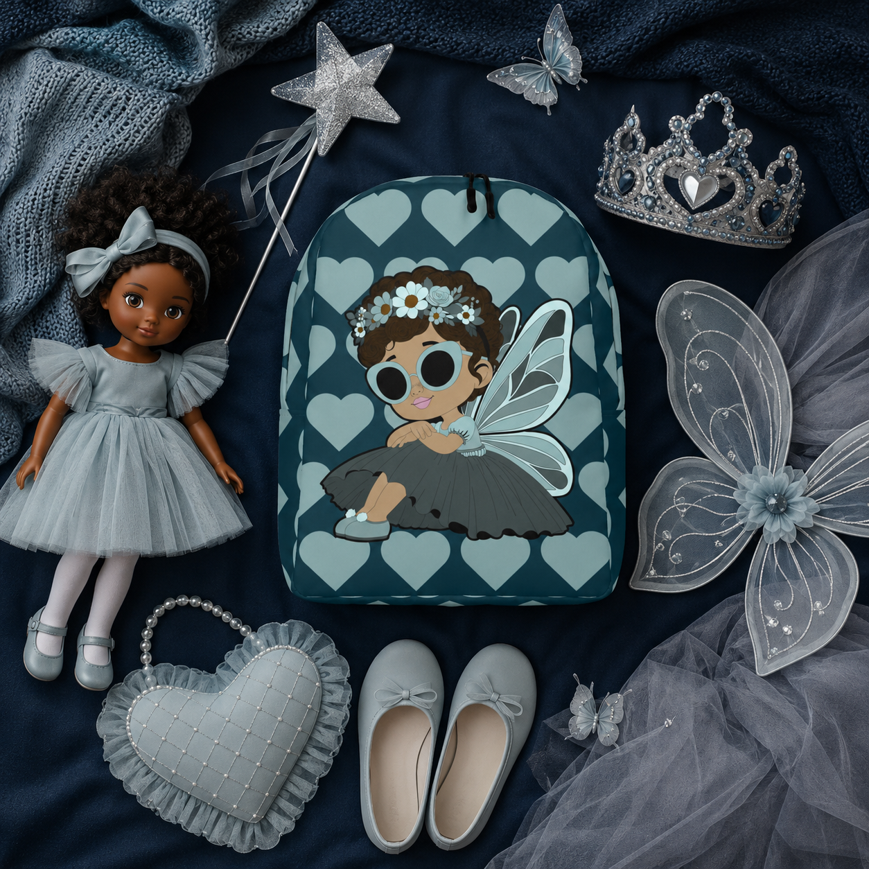 Coco Pixies Pixie Piper Backpack featuring aqua teal hearts, curly hair, sunglasses, and detailed pixie wings
