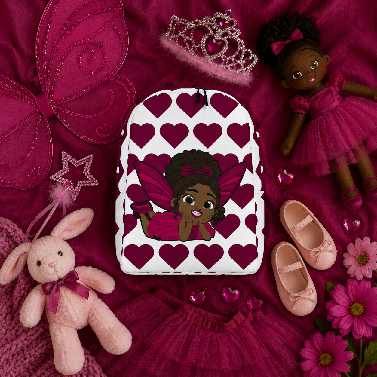 Coco Pixies Happy Harper backpack featuring a Black girl pixie with curly hair, pink wings, and burgundy hearts
