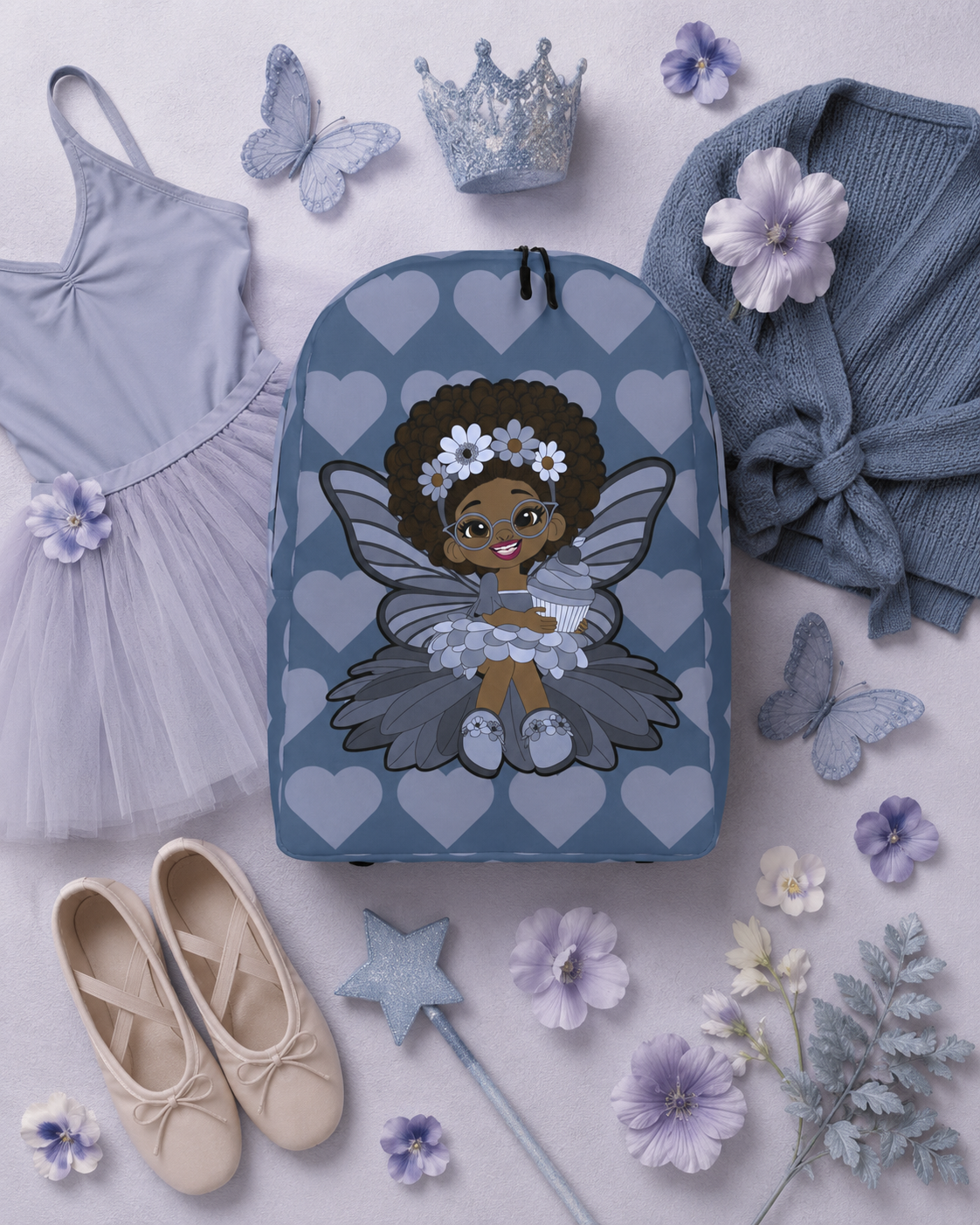 Bubbly Brooke Pixie Backpack by Coco Pixies in cool blue with Black girl pixie and signature heart pattern