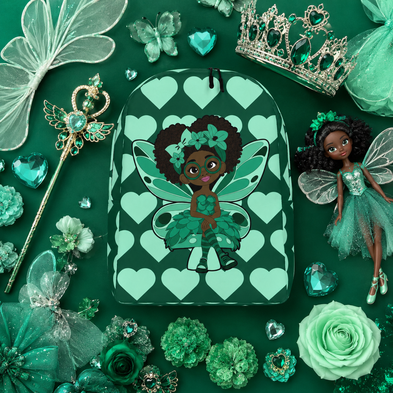 Brilliant Bailey Pixie Backpack by Coco Pixies featuring a Black girl pixie with a curly afro, green wings and mint hearts on emerald green.
