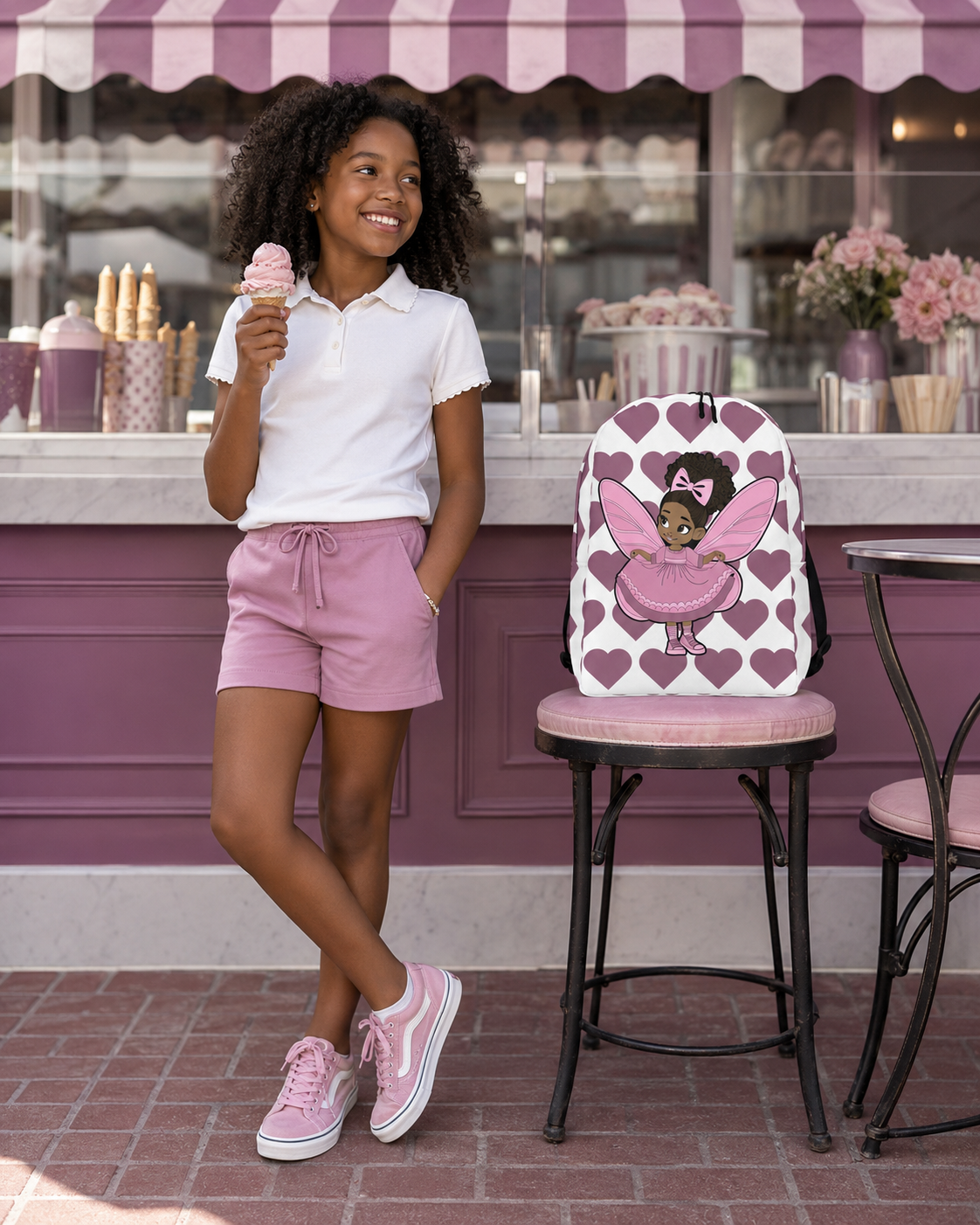 Darling Daphne Pixie Backpack by Coco Pixies with a pink pixie, curly afro puff and mauve heart pattern.